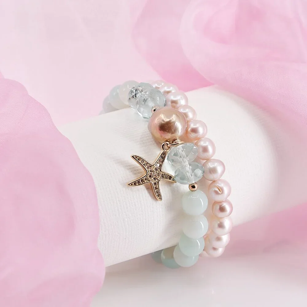 Charm Stretch Bracelet Set, Aquamarine, Pearls & Gold Filled CZ Starfish Charm